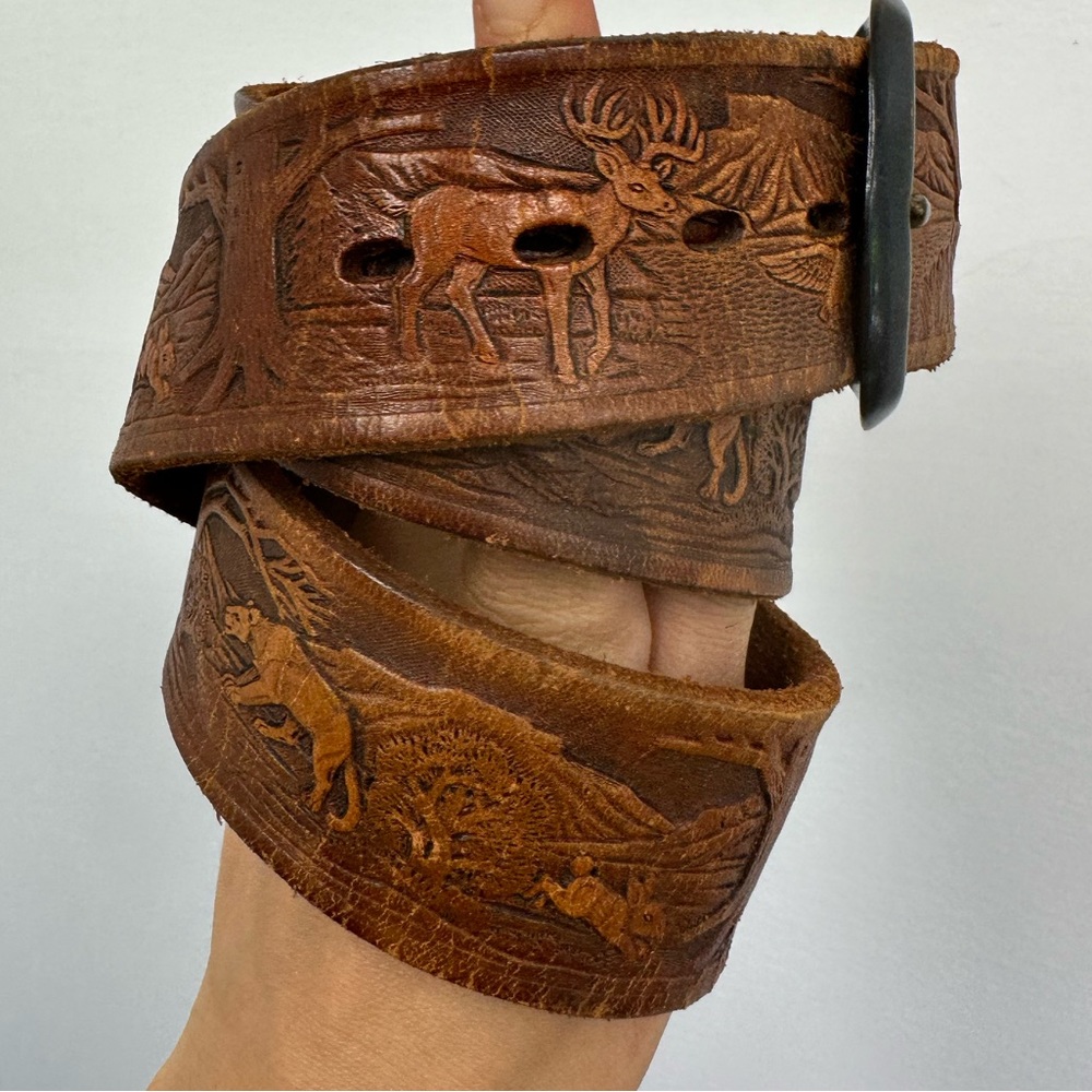 ⛔️SOLD⛔️Vintage Brown Leather Embossed Animal Woodland Theme Adjustable Belt Siz - Picture 7 of 11